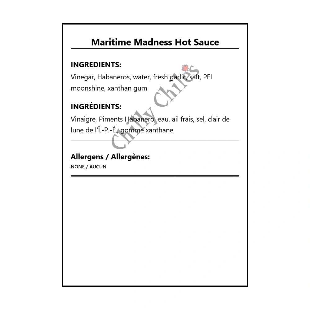 Maritime Madness Hot Sauce - Bilingual Ingredients