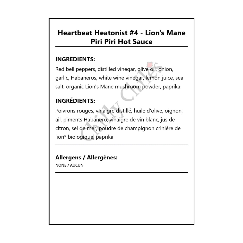 Heartbeat Heatonist #4 - Lion's Mane Piri Piri Hot Sauce - Bilingual Ingredients