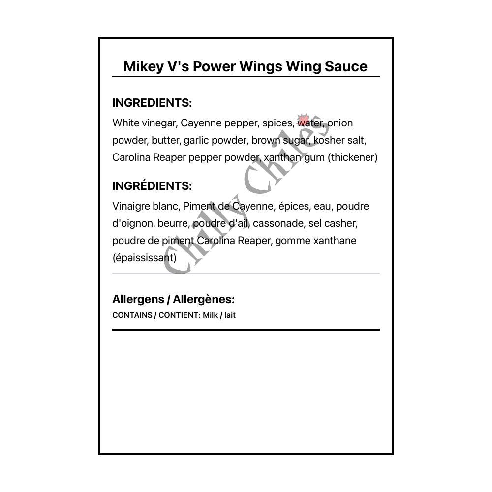 Mikey V's Power Wings Wing Sauce - Bilingual Ingredients