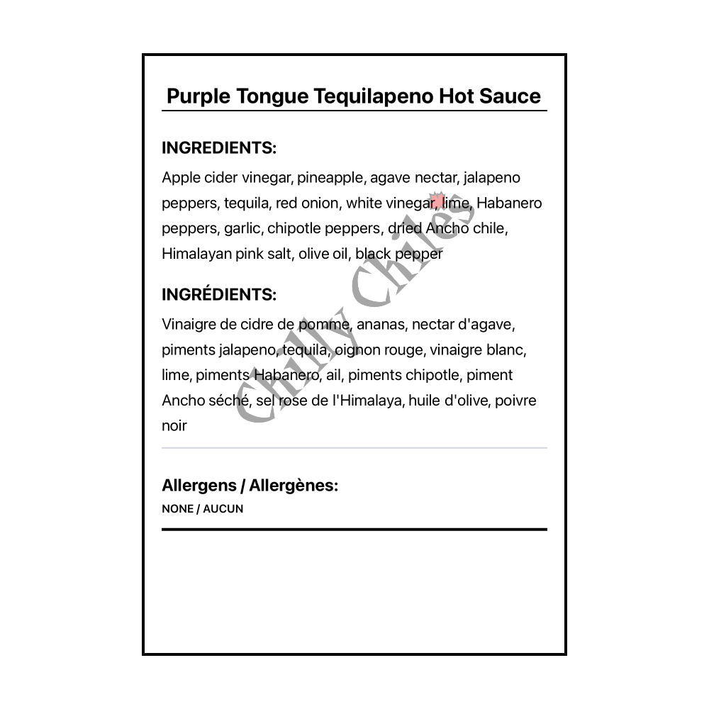 Purple Tongue Tequilapeno Hot Sauce - Bilingual Ingredients