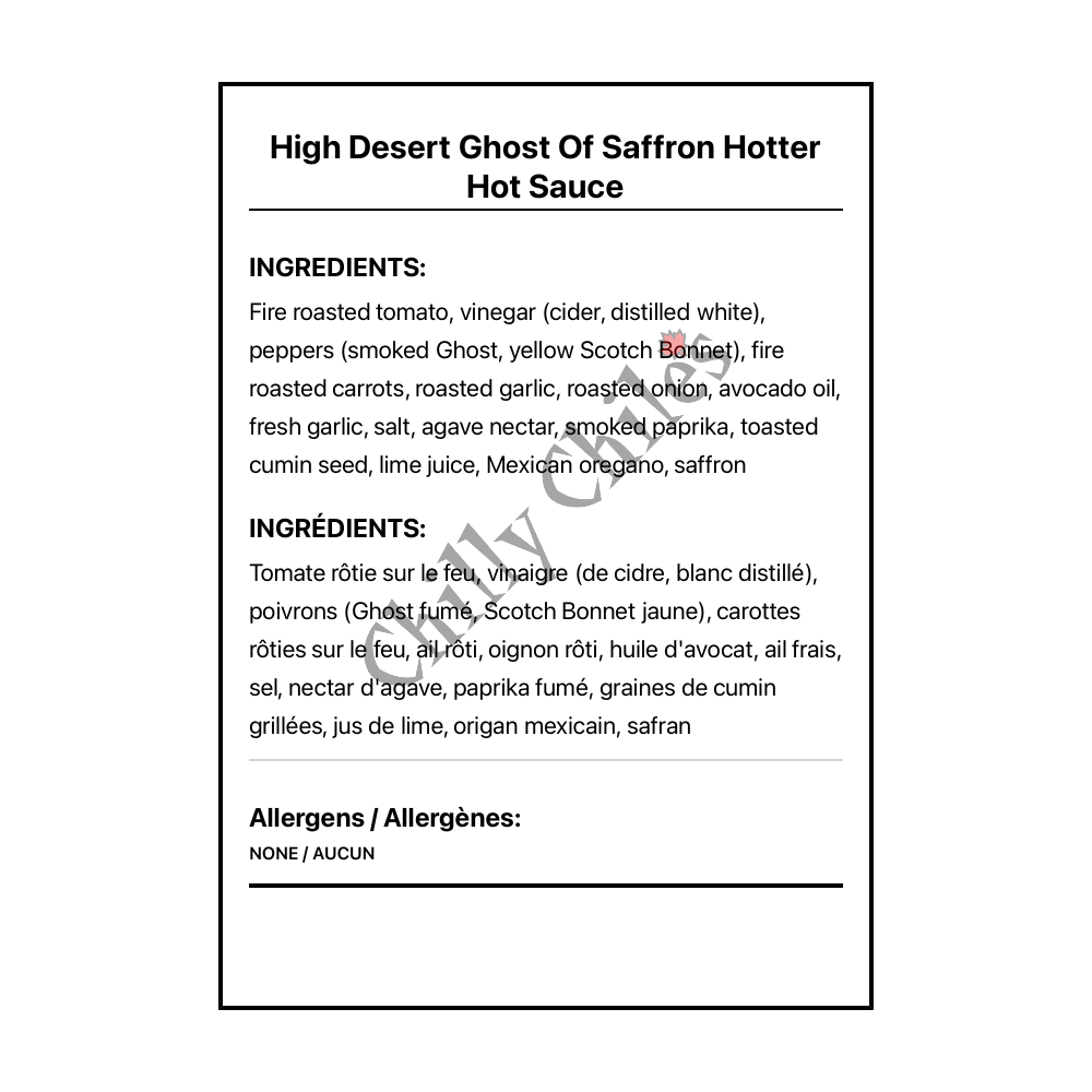 High Desert Ghost Of Saffron Hotter Hot Sauce - Bilingual Ingredients