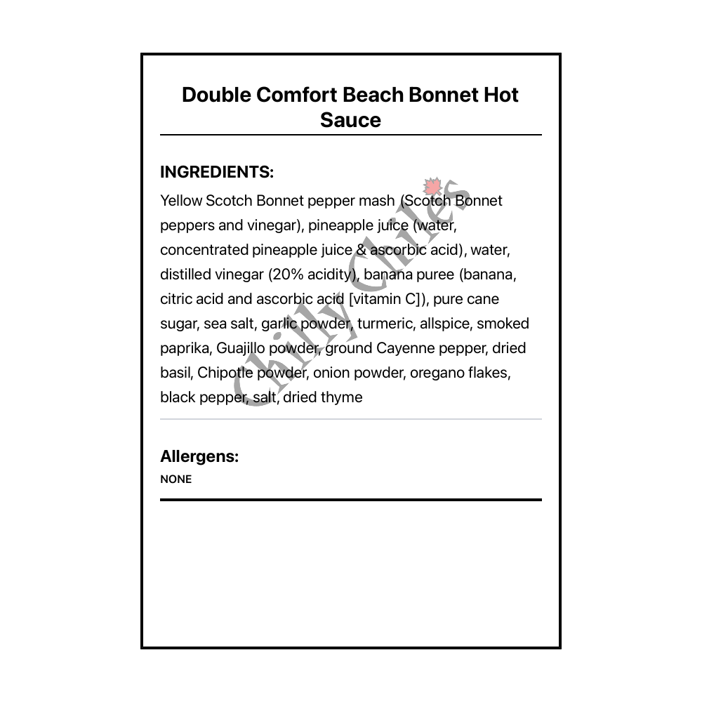 Double Comfort Beach Bonnet Hot Sauce - Bilingual Ingredients