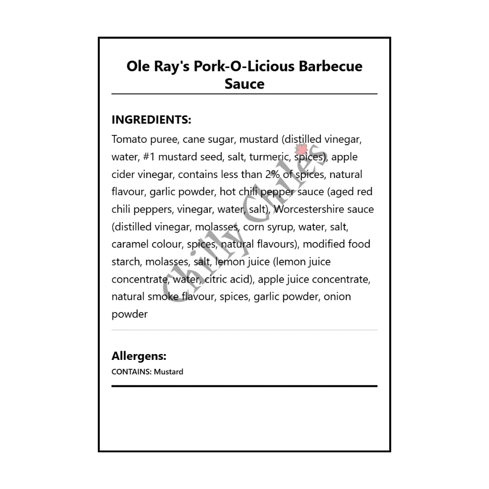 Ole Ray's Pork-O-Licious Barbecue Sauce - Bilingual Ingredients