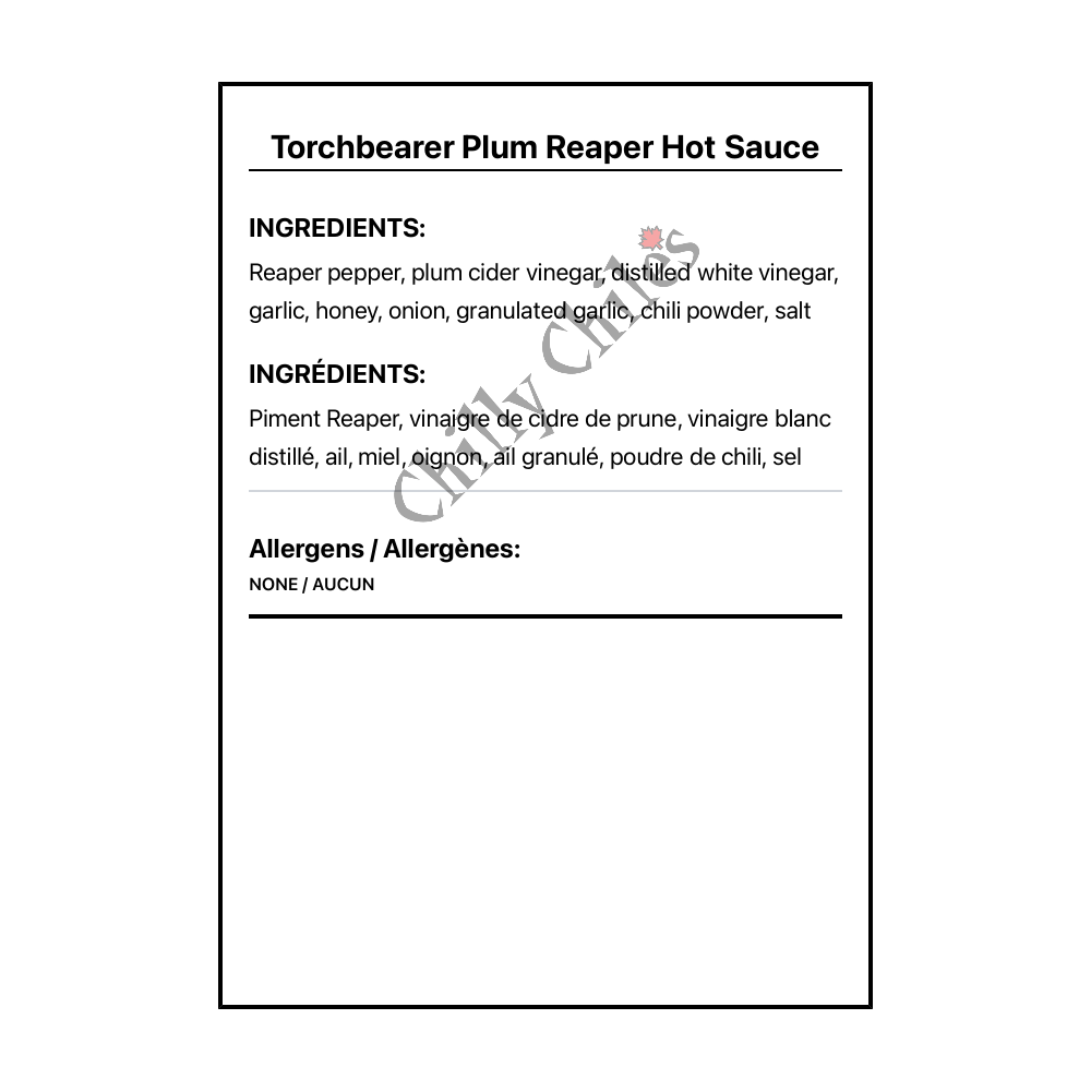 Torchbearer Plum Reaper Hot Sauce - Bilingual Ingredients
