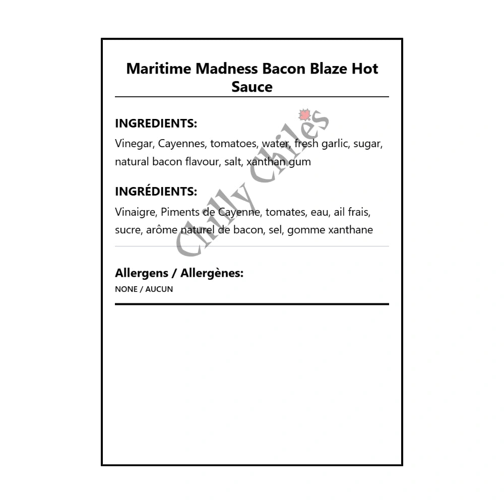 Maritime Madness Bacon Blaze Hot Sauce - Bilingual Ingredients