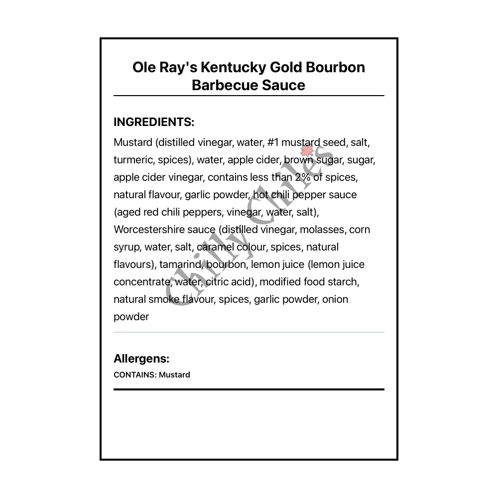 Ole Ray's Kentucky Gold Bourbon Barbecue Sauce - Bilingual Ingredients