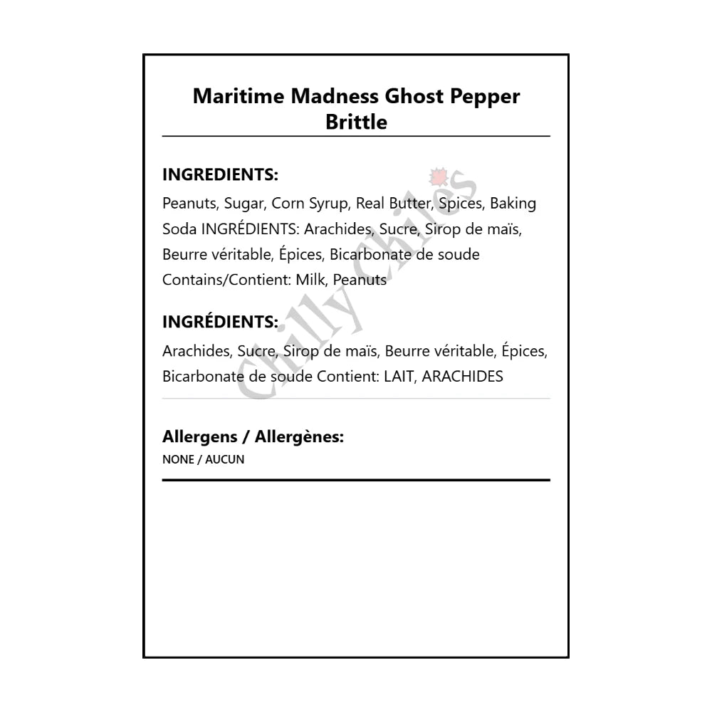 Maritime Madness Ghost Pepper Brittle - Bilingual Ingredients