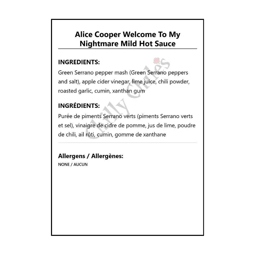 Alice Cooper Welcome To My Nightmare Mild Hot Sauce - Hot Sauce