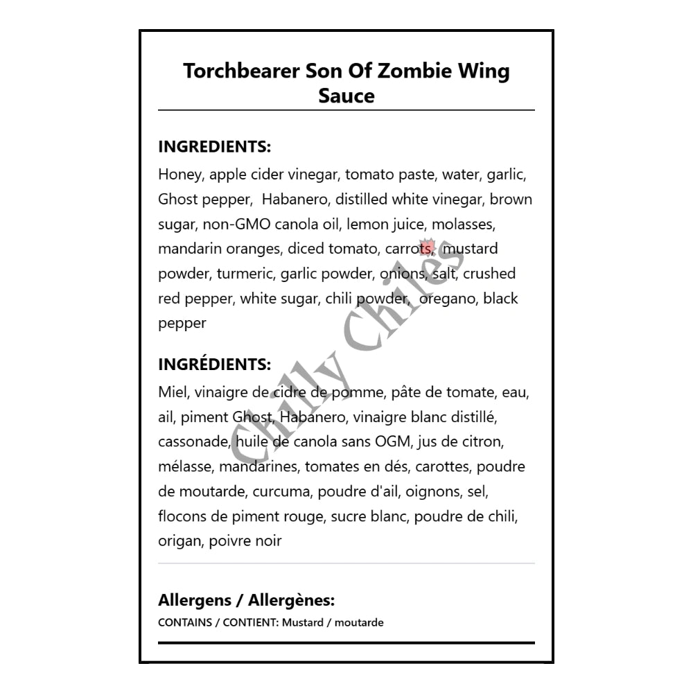 Torchbearer Son Of Zombie Wing Sauce - Bilingual Ingredients