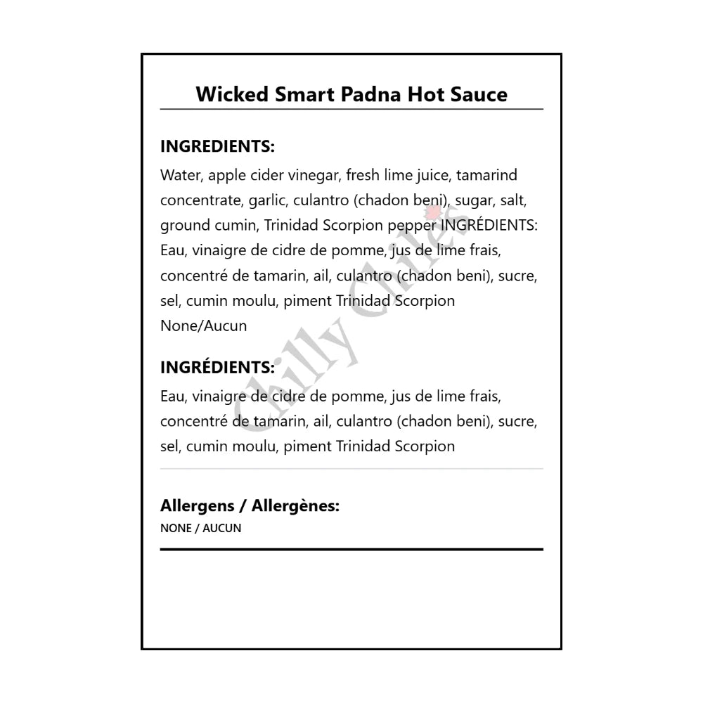 Wicked Smart Padna Hot Sauce - Bilingual Ingredients