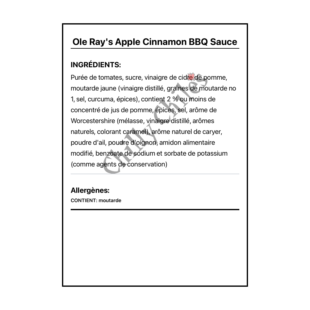 Ole Ray's Apple Cinnamon BBQ Sauce - Ingrédients Français