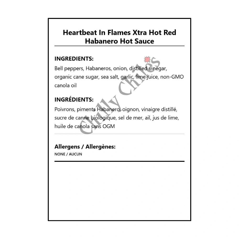 Heartbeat In Flames Xtra Hot Red Habanero Hot Sauce - Bilingual Ingredients