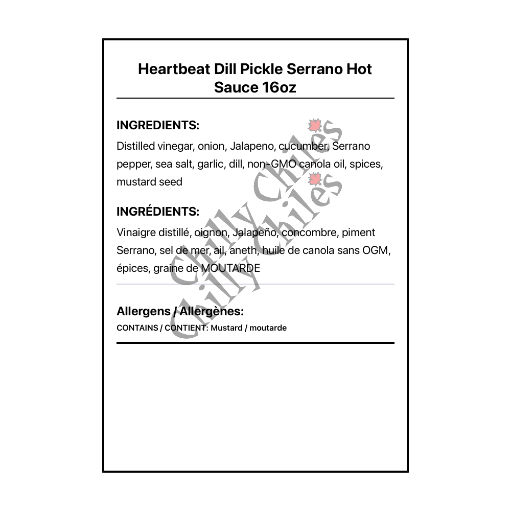 Heartbeat Dill Pickle Serrano Hot Sauce 16oz - Bilingual Ingredients