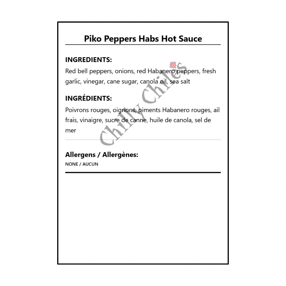 Piko Peppers Habs Hot Sauce - Bilingual Ingredients