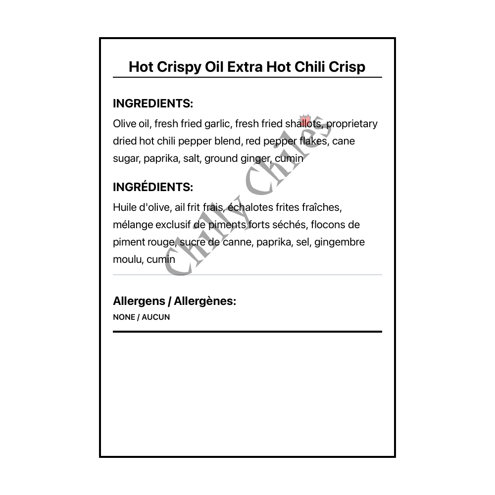 Hot Crispy Oil Extra Hot Chili Crisp - Bilingual Ingredients
