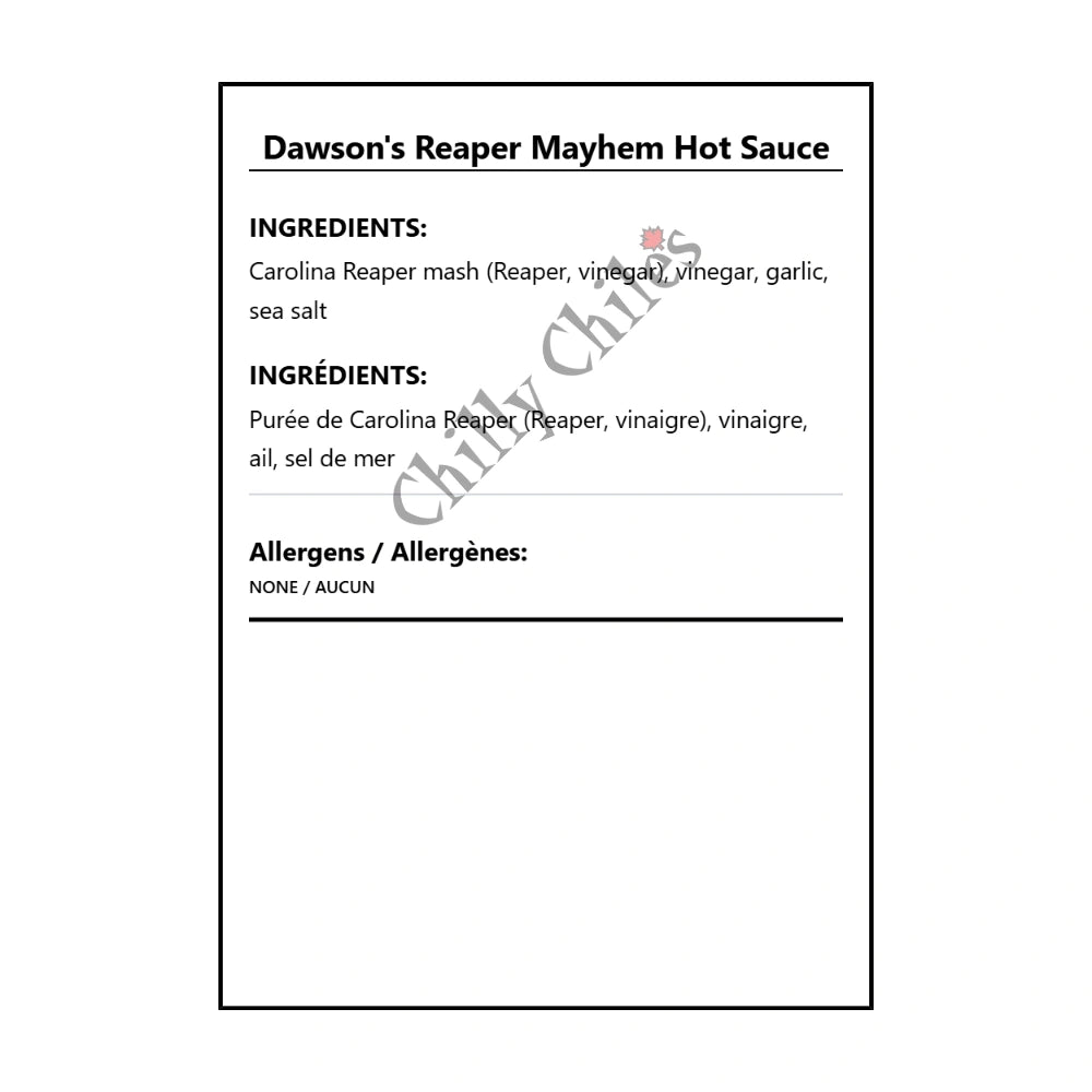 Dawson's Reaper Mayhem Hot Sauce - Bilingual Ingredients