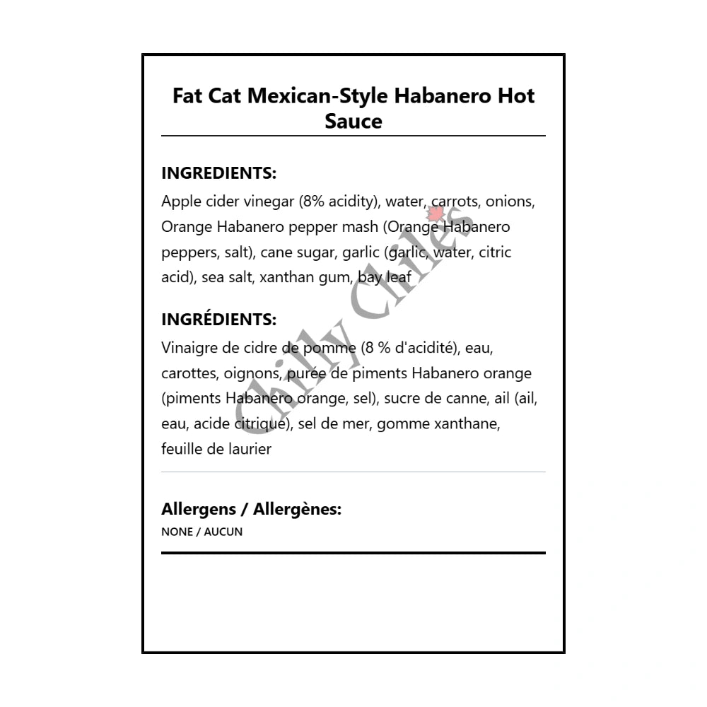 Fat Cat Mexican-Style Habanero Hot Sauce - Bilingual Ingredients