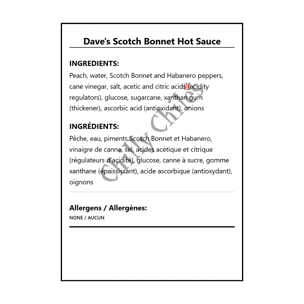 Dave's Scotch Bonnet Hot Sauce - Bilingual Ingredients