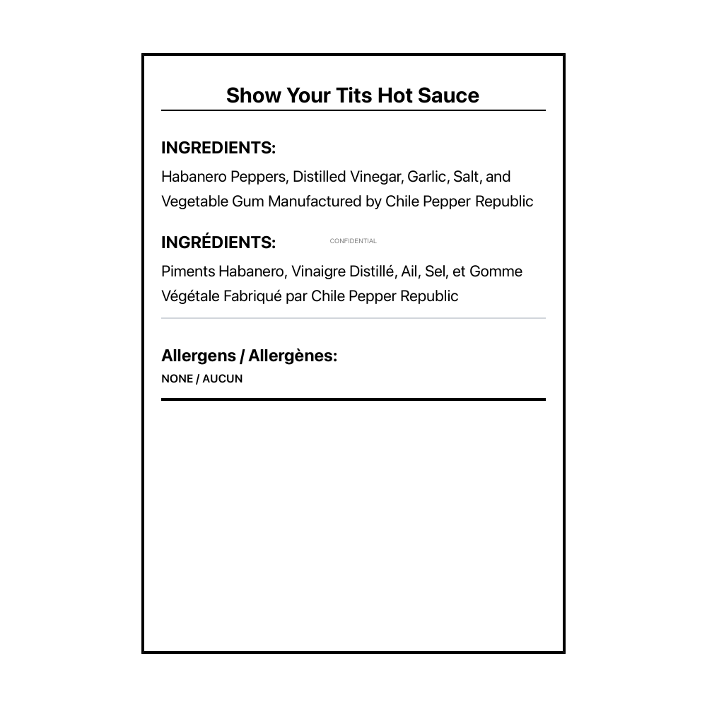 Show Your Tits Hot Sauce - Bilingual Ingredients
