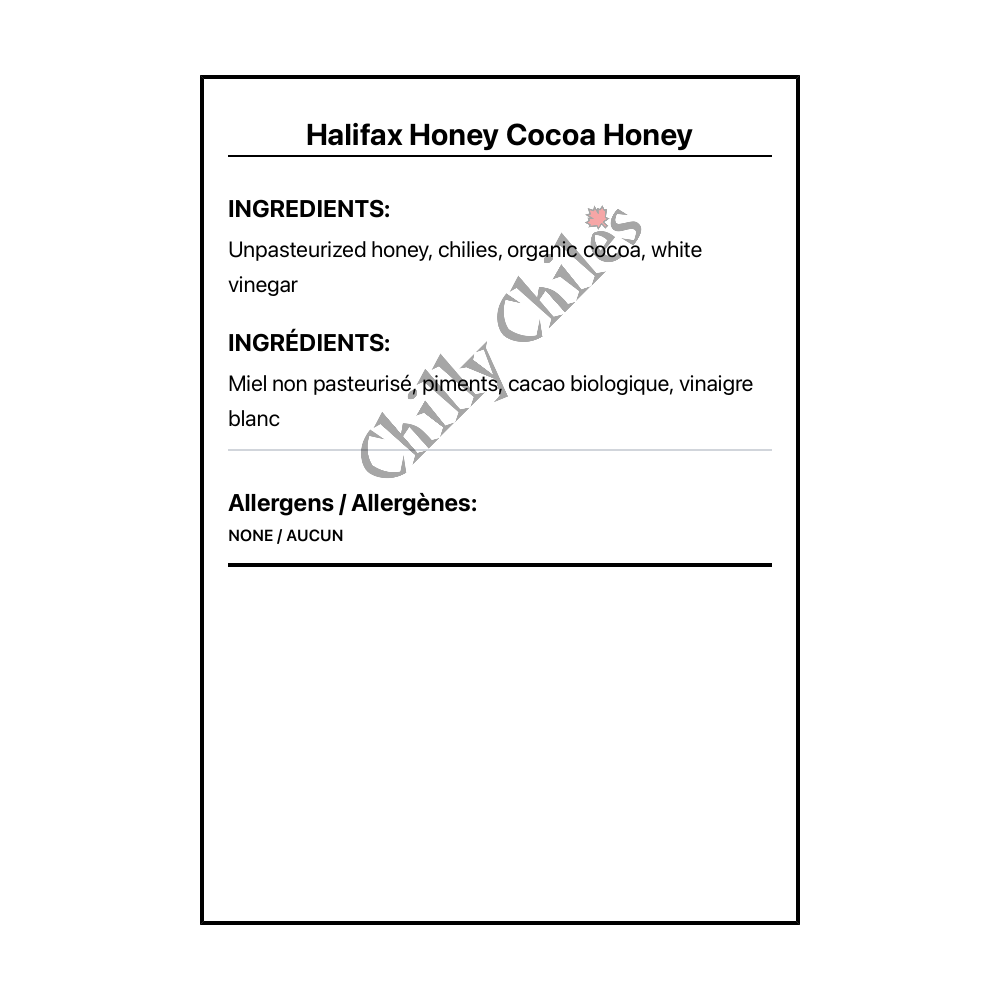 Halifax Honey Cocoa Honey - Bilingual Ingredients
