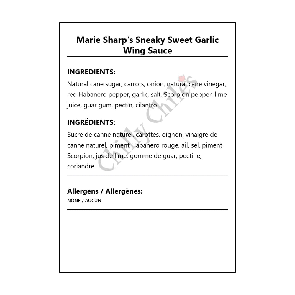 Marie Sharp's Sneaky Sweet Garlic Wing Sauce - Bilingual Ingredients