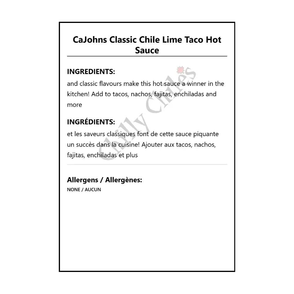 CaJohns Classic Chile Lime Taco Hot Sauce - Hot Sauce