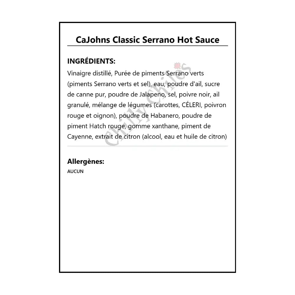 CaJohns Classic Serrano Hot Sauce - Hot Sauce