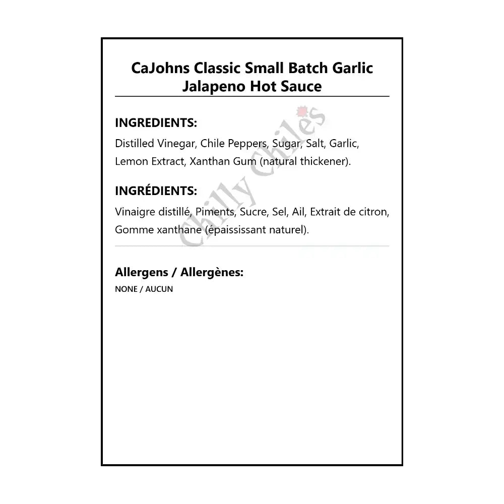 CaJohns Classic Small Batch Garlic Jalapeno Hot Sauce - Hot Sauce