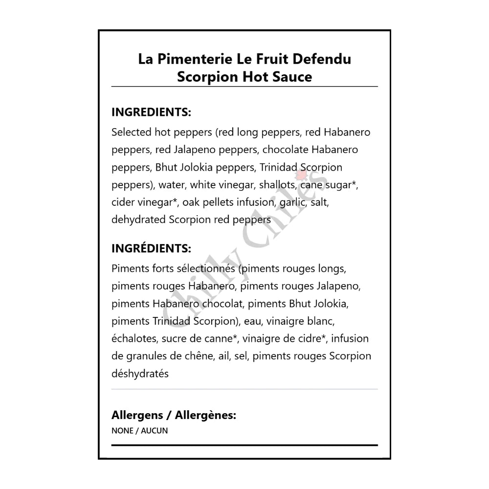 La Pimenterie Le Fruit Defendu Scorpion Hot Sauce - Bilingual Ingredients