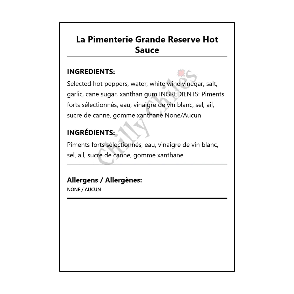 La Pimenterie Grande Reserve Hot Sauce - Bilingual Ingredients