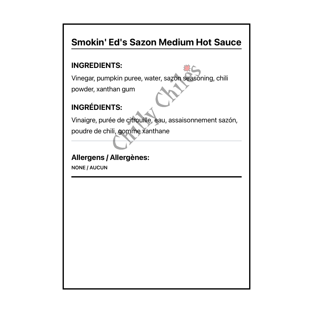 Smokin' Ed's Sazon Medium Hot Sauce - Bilingual Ingredients