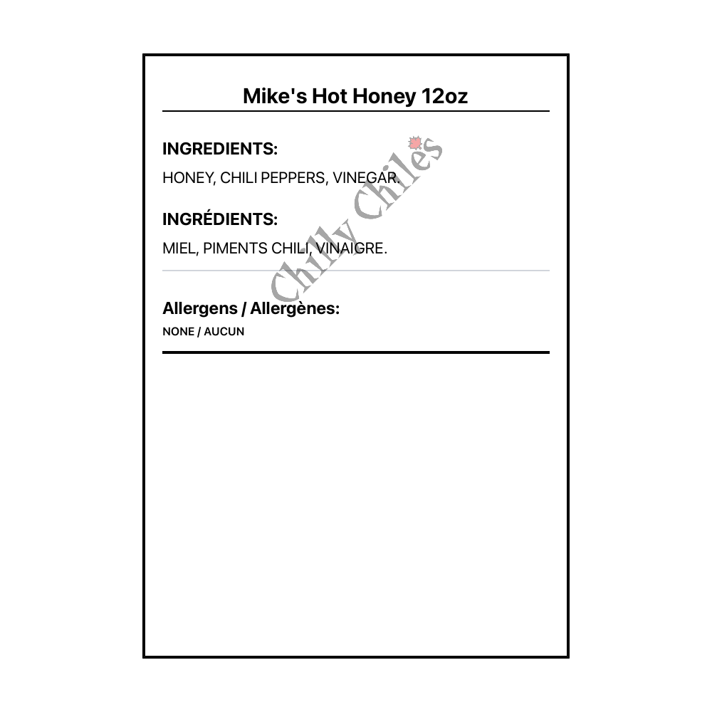 Mike's Hot Honey 12oz - Bilingual Ingredients
