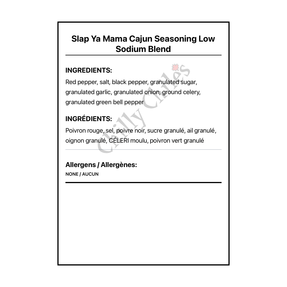 Slap Ya Mama Cajun Seasoning Low Sodium Blend - Bilingual Ingredients