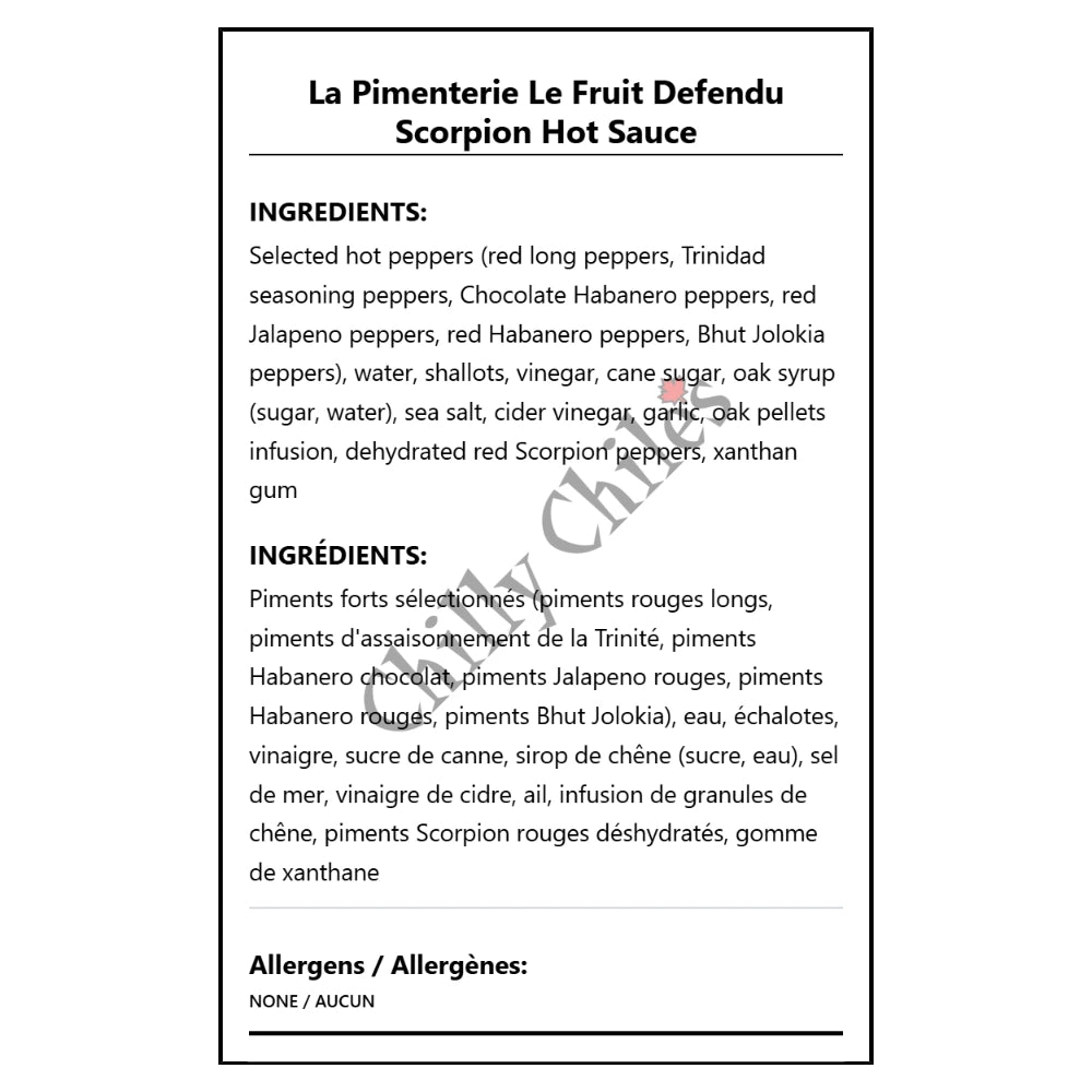 La Pimenterie Le Fruit Defendu Scorpion Hot Sauce - Bilingual Ingredients