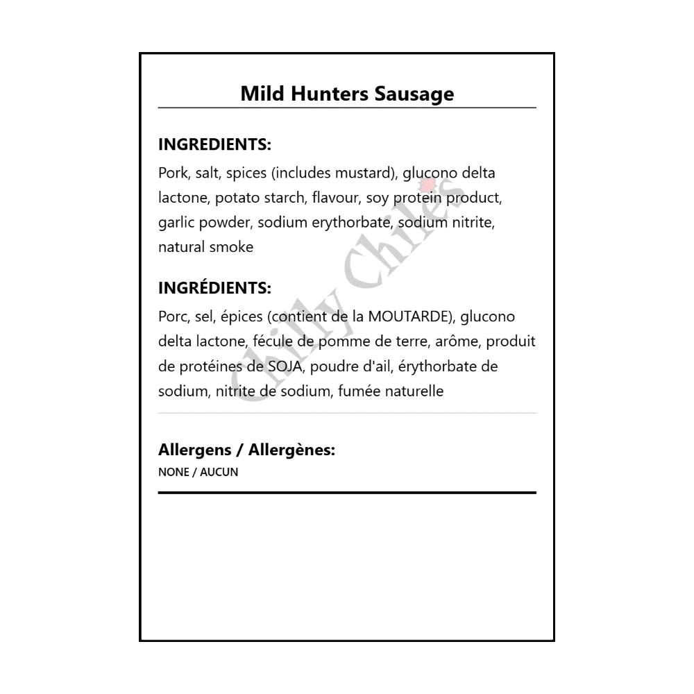 Mild Hunters Sausage - Bilingual Ingredients