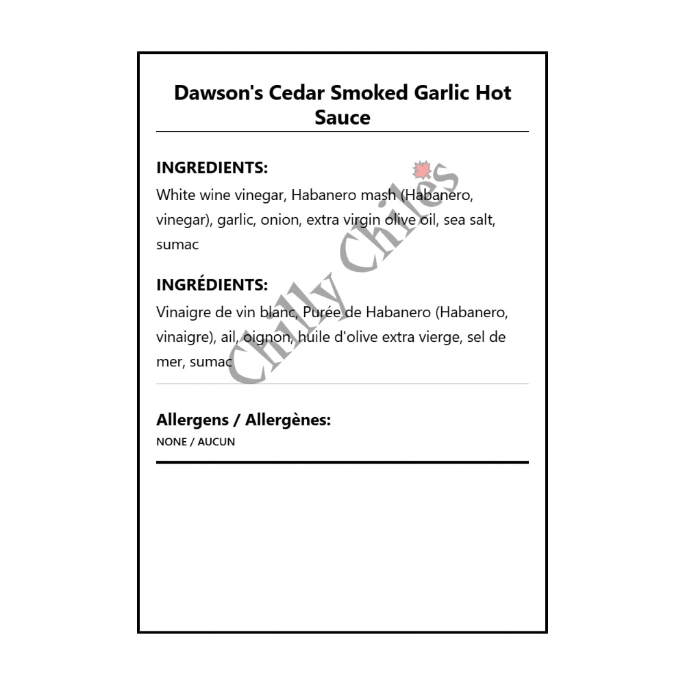 Dawson's Cedar Smoked Garlic Hot Sauce - Bilingual Ingredients
