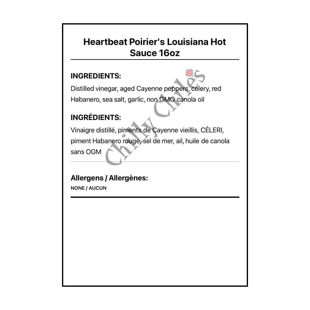 Heartbeat Poirier's Louisiana Hot Sauce 16oz - Bilingual Ingredients