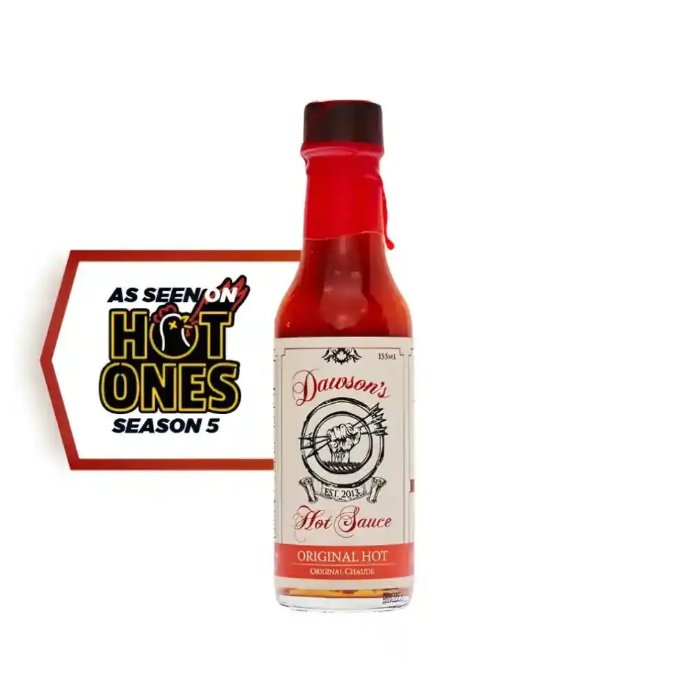 Bottle of Datson's hot sauce with 'Hot Ones' branding on a white background
