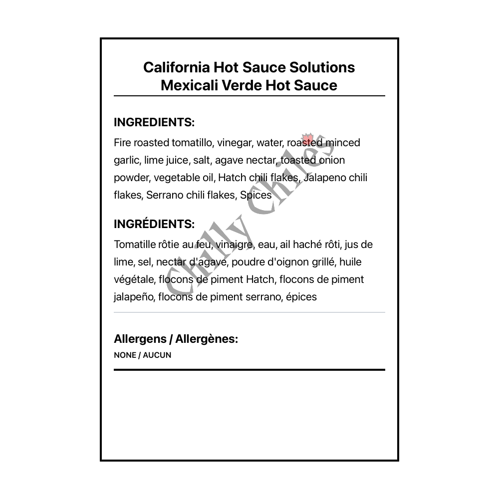 California Hot Sauce Solutions Mexicali Verde Hot Sauce - Bilingual Ingredients