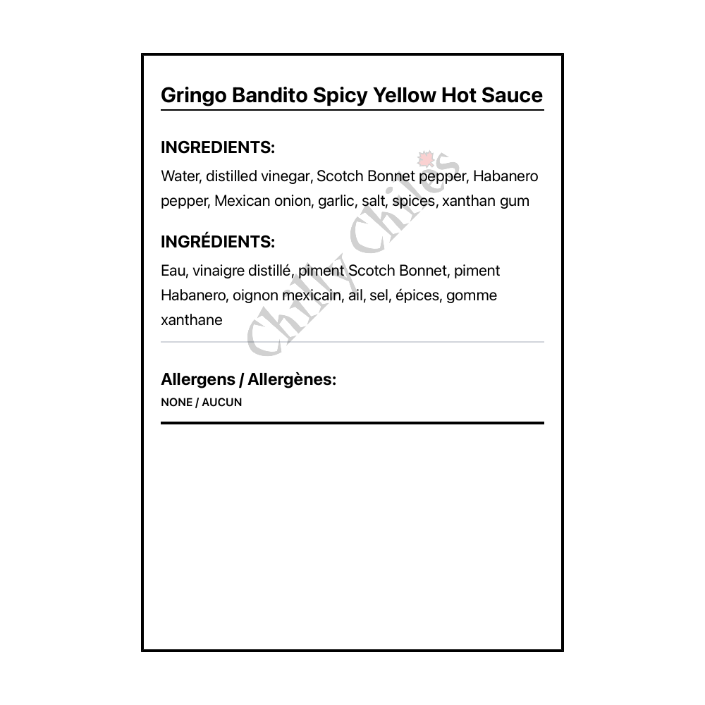 Gringo Bandito Spicy Yellow Hot Sauce - Bilingual Ingredients