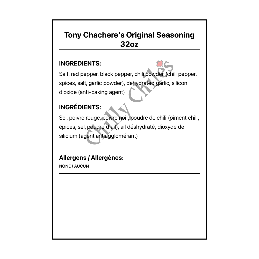 Tony Chachere's Original Seasoning 32oz - Bilingual Ingredients