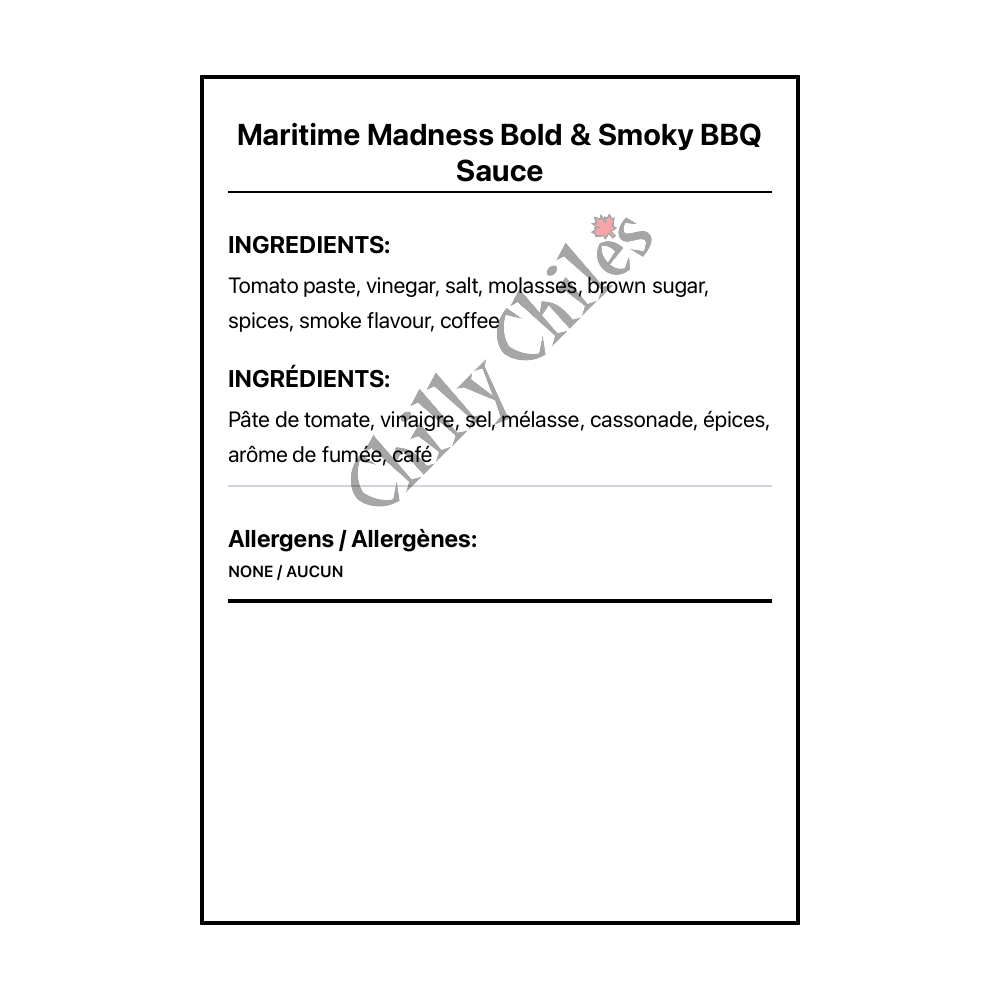 Maritime Madness Bold & Smoky BBQ Sauce - Bilingual Ingredients