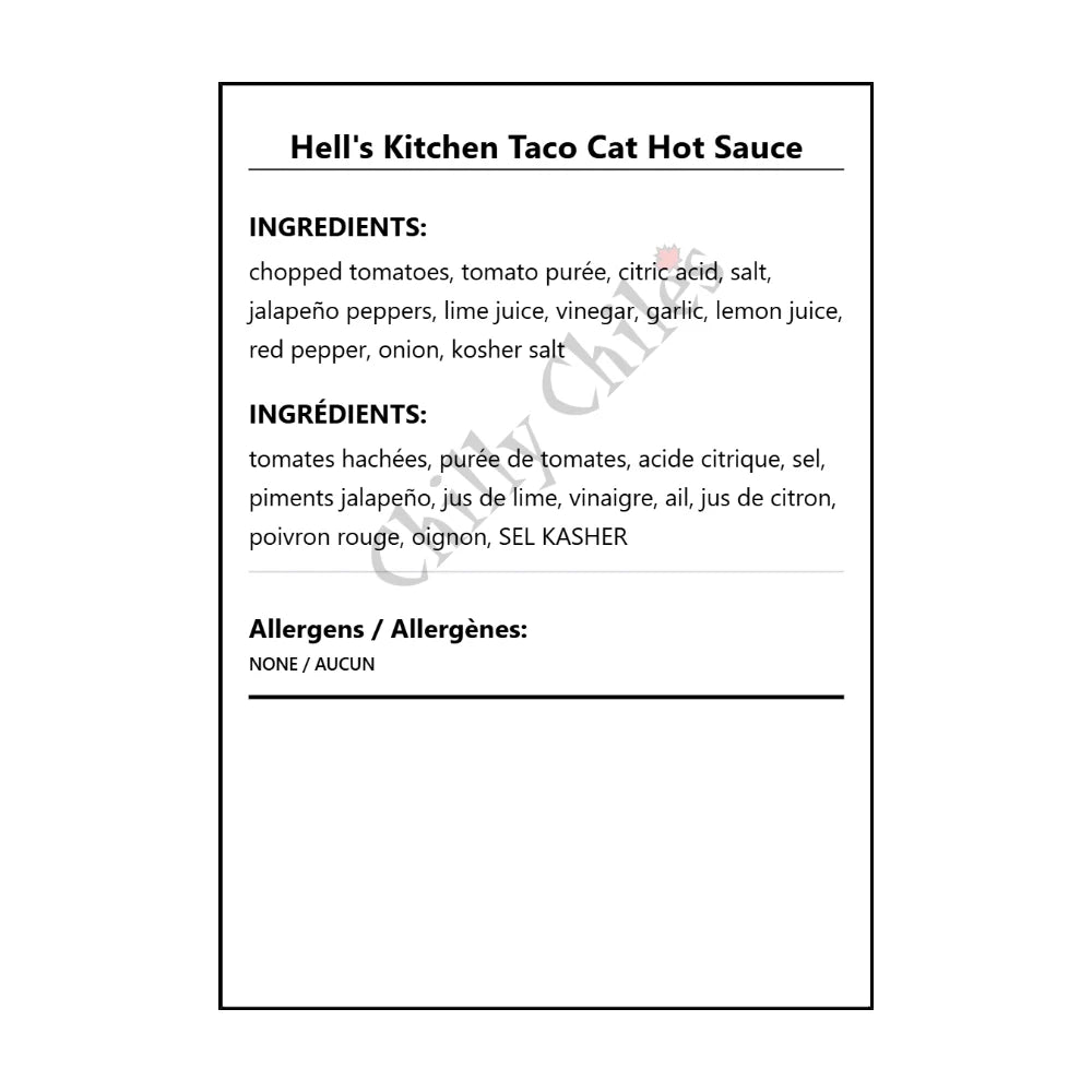 Hell's Kitchen Taco Cat Hot Sauce - Bilingual Ingredients
