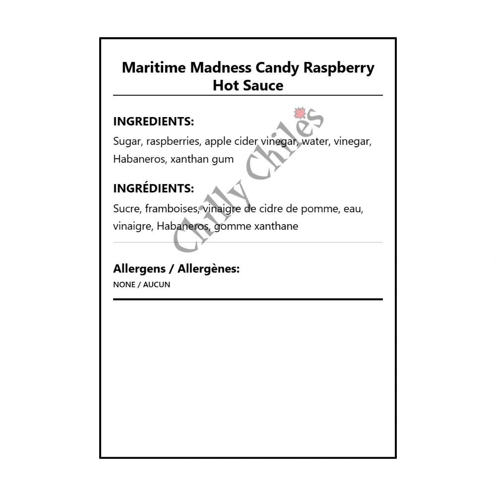 Maritime Madness Candy Raspberry Hot Sauce - Bilingual Ingredients