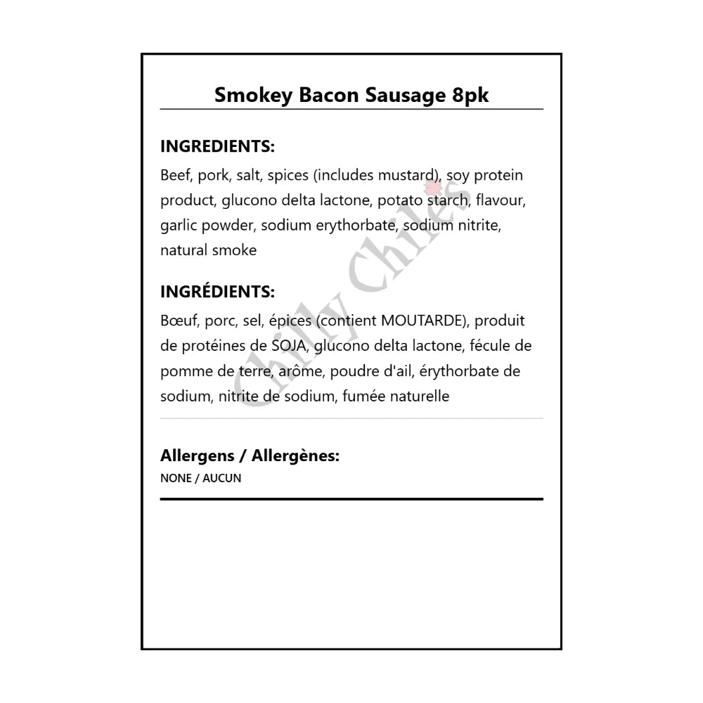 Smokey Bacon Sausage 8pk - Bilingual Ingredients