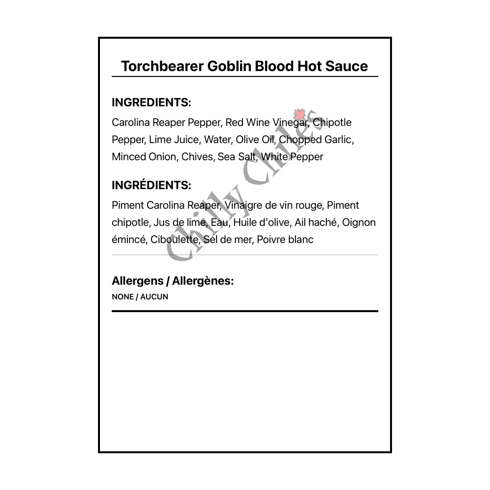 Torchbearer Goblin Blood Hot Sauce - Bilingual Ingredients