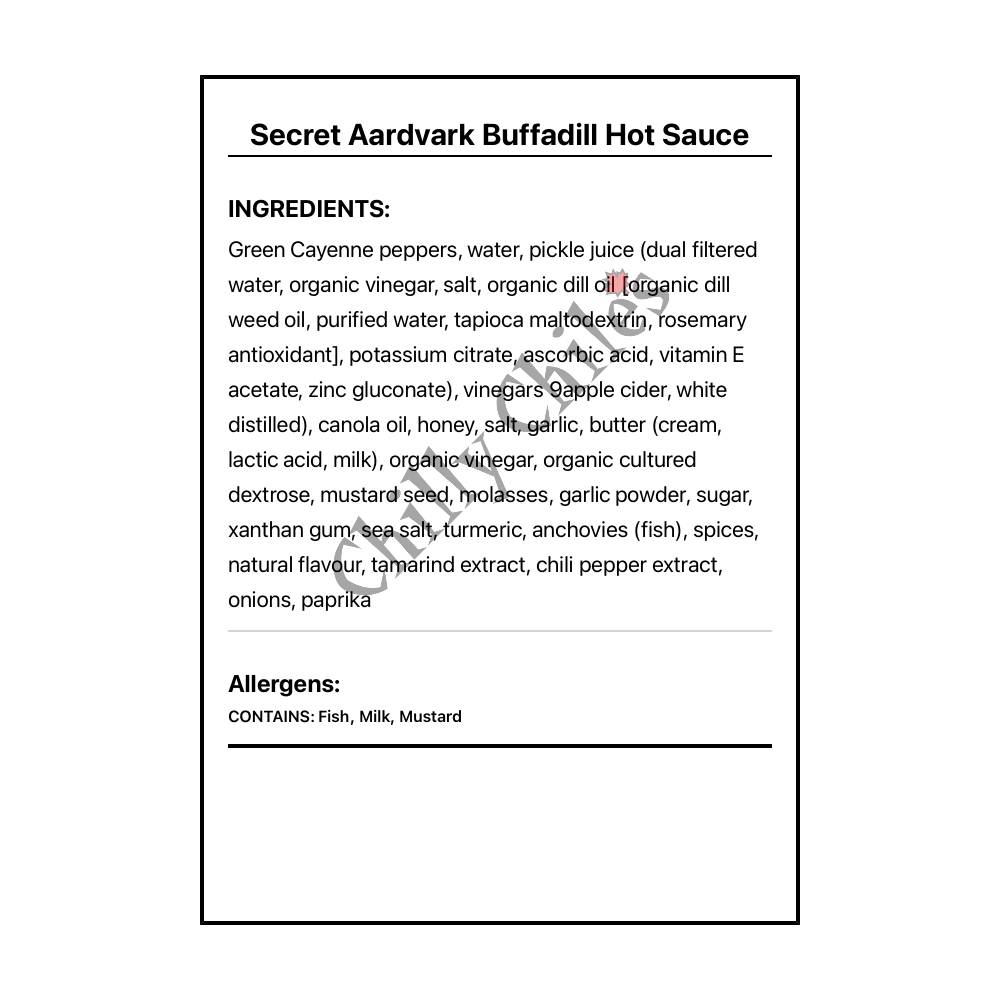 Secret Aardvark Buffadill Hot Sauce - Bilingual Ingredients