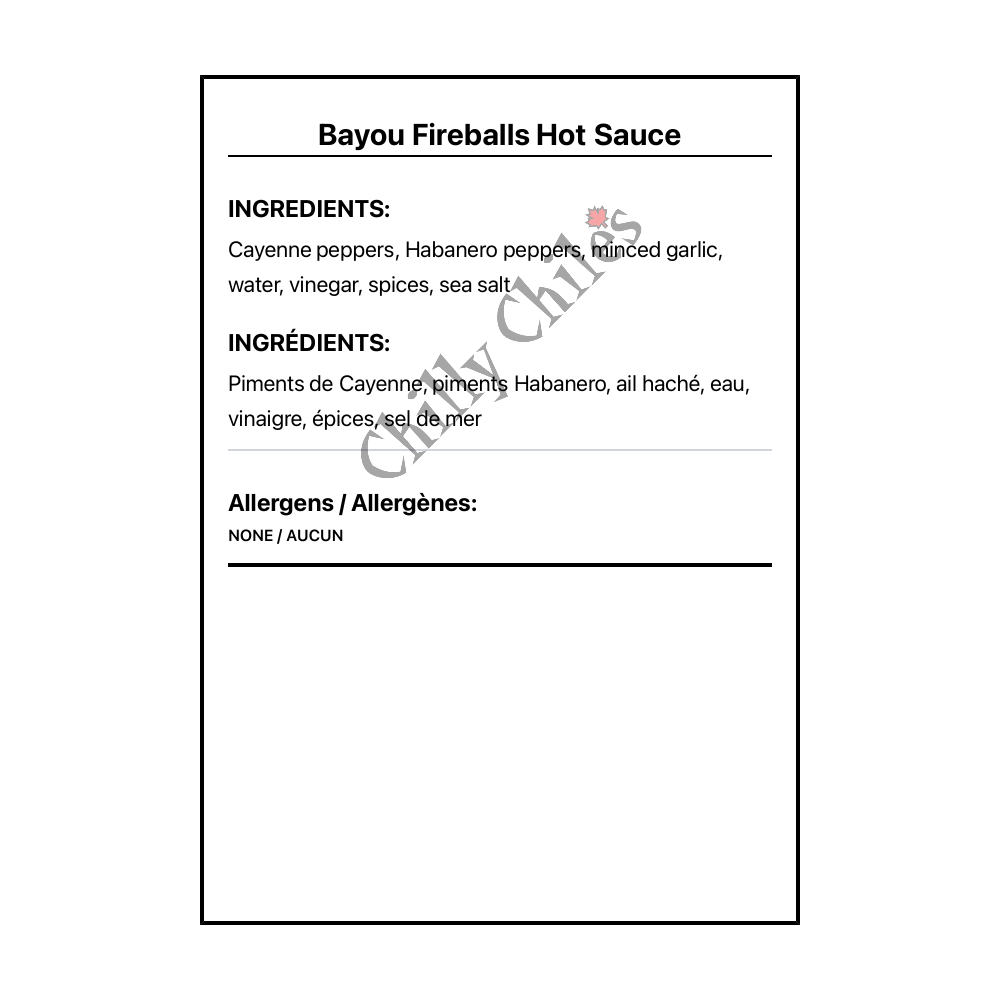 Bayou Fireballs Hot Sauce - Bilingual Ingredients