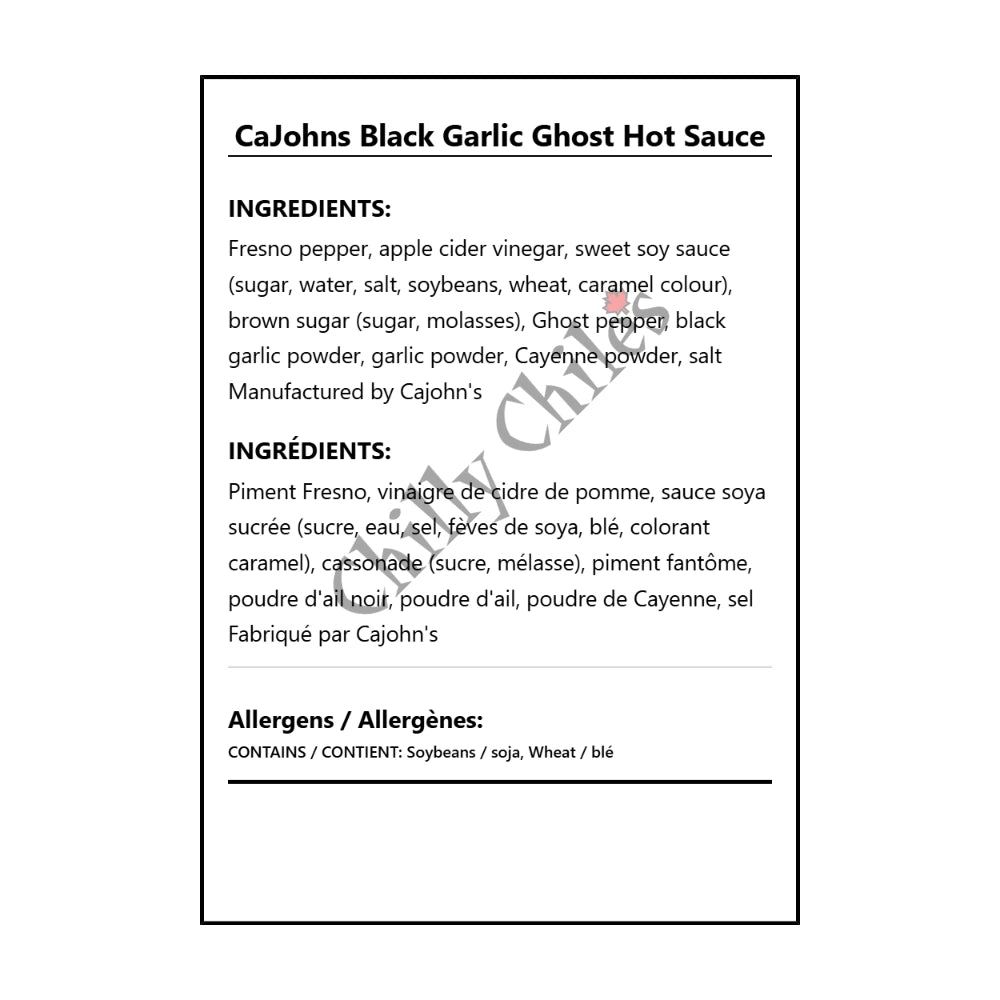 CaJohns Black Garlic Ghost Hot Sauce - Bilingual Ingredients