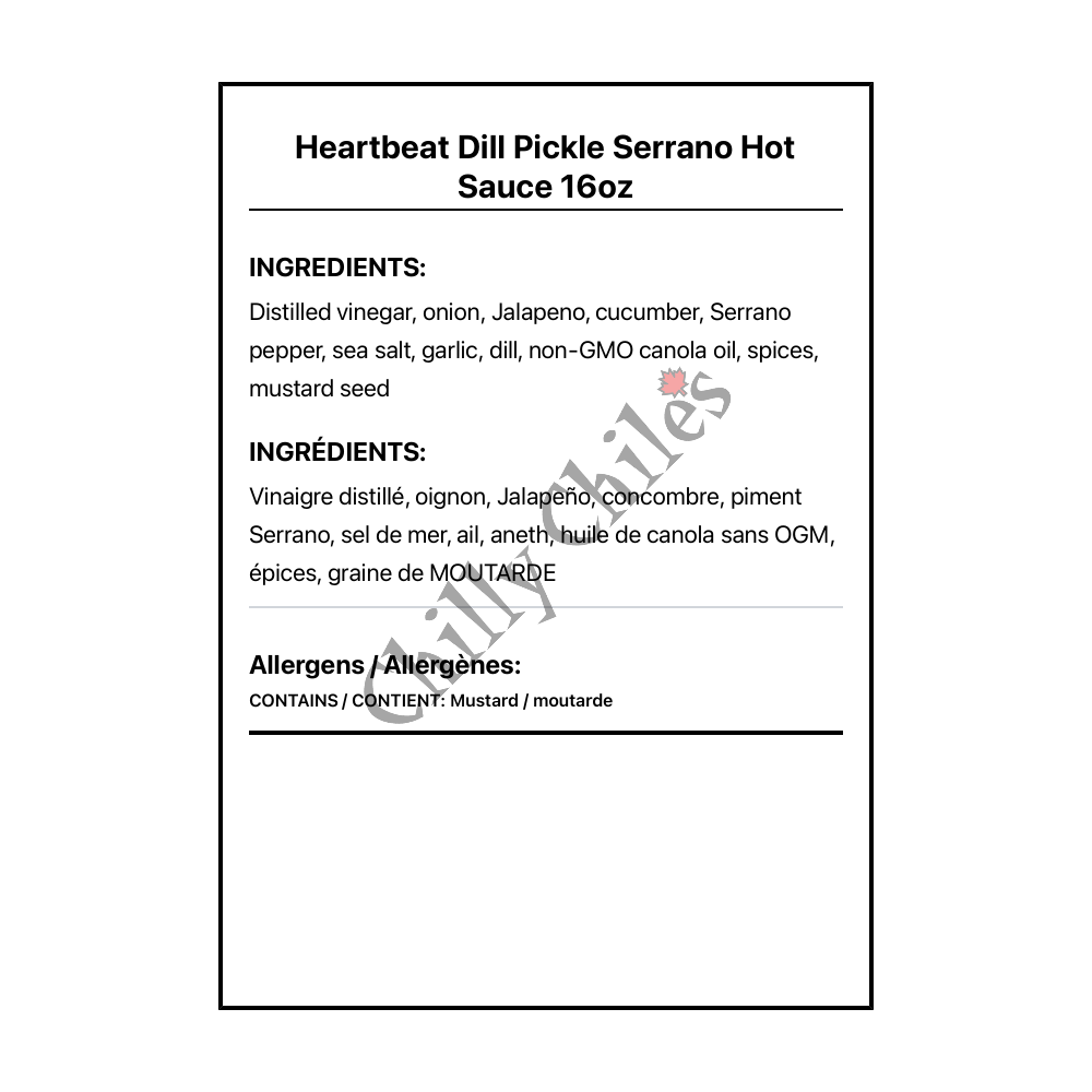 Heartbeat Dill Pickle Serrano Hot Sauce 16oz - Canadian Nutrition Facts